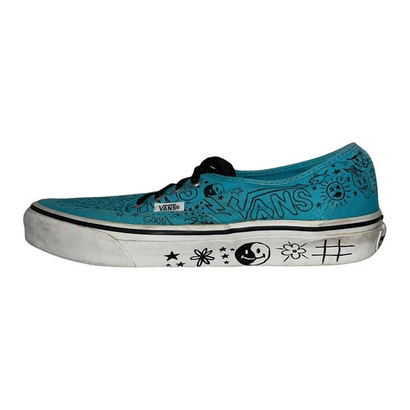 Vans Aqua Blue Graffiti Skull Bat Yin and Yang Smiley Face Sneakers M 6 W 7.5 - Picture 5 of 10